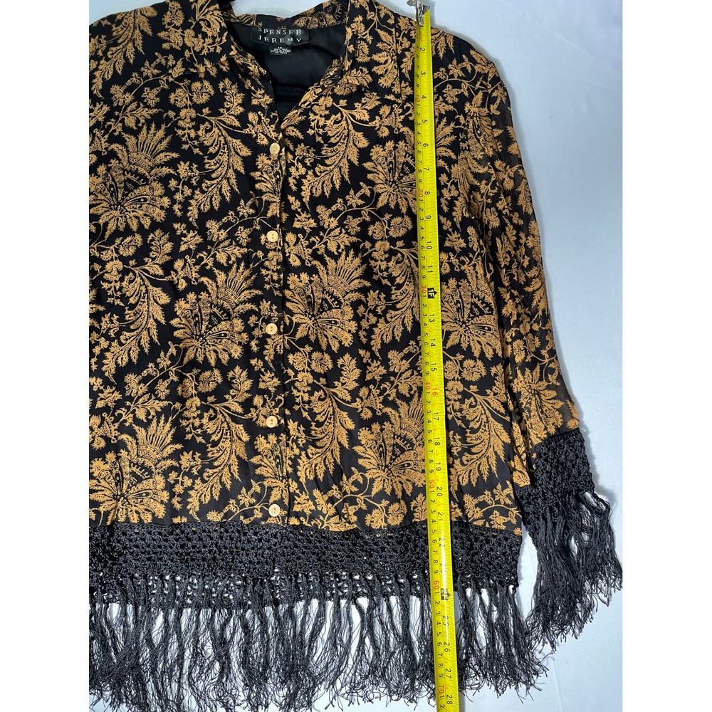Spenser Jeremy Silk Blouse Black Gold Floral Paisley Fringe Crochet Trim Size 12 - Picture 6 of 6